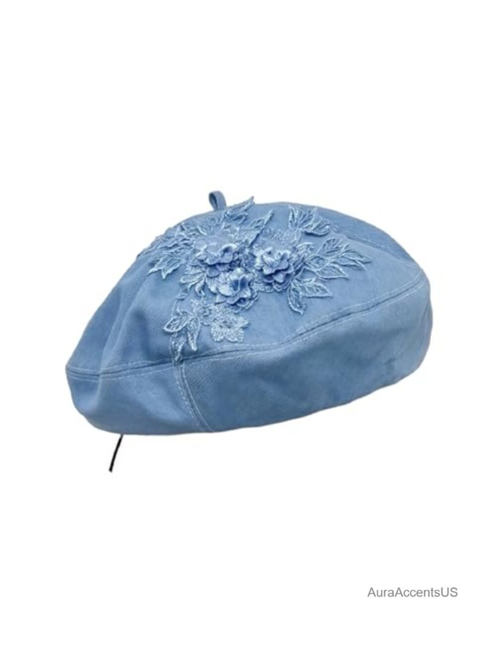 Embroidered Denim Beret French Style Adjustable Drawstring Hat for Women